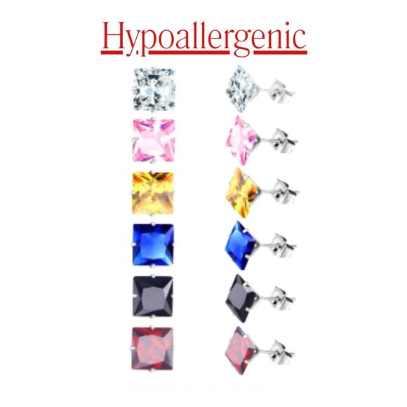 SET OF 6 Hypoallergenic 7MM Multi Color Faceted Princess Cut Stainless Steel NWT - Picture 3 of 7